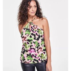 INC Sleeveless Chain Neck Floral Blouse Womens XL NWT Halter Top